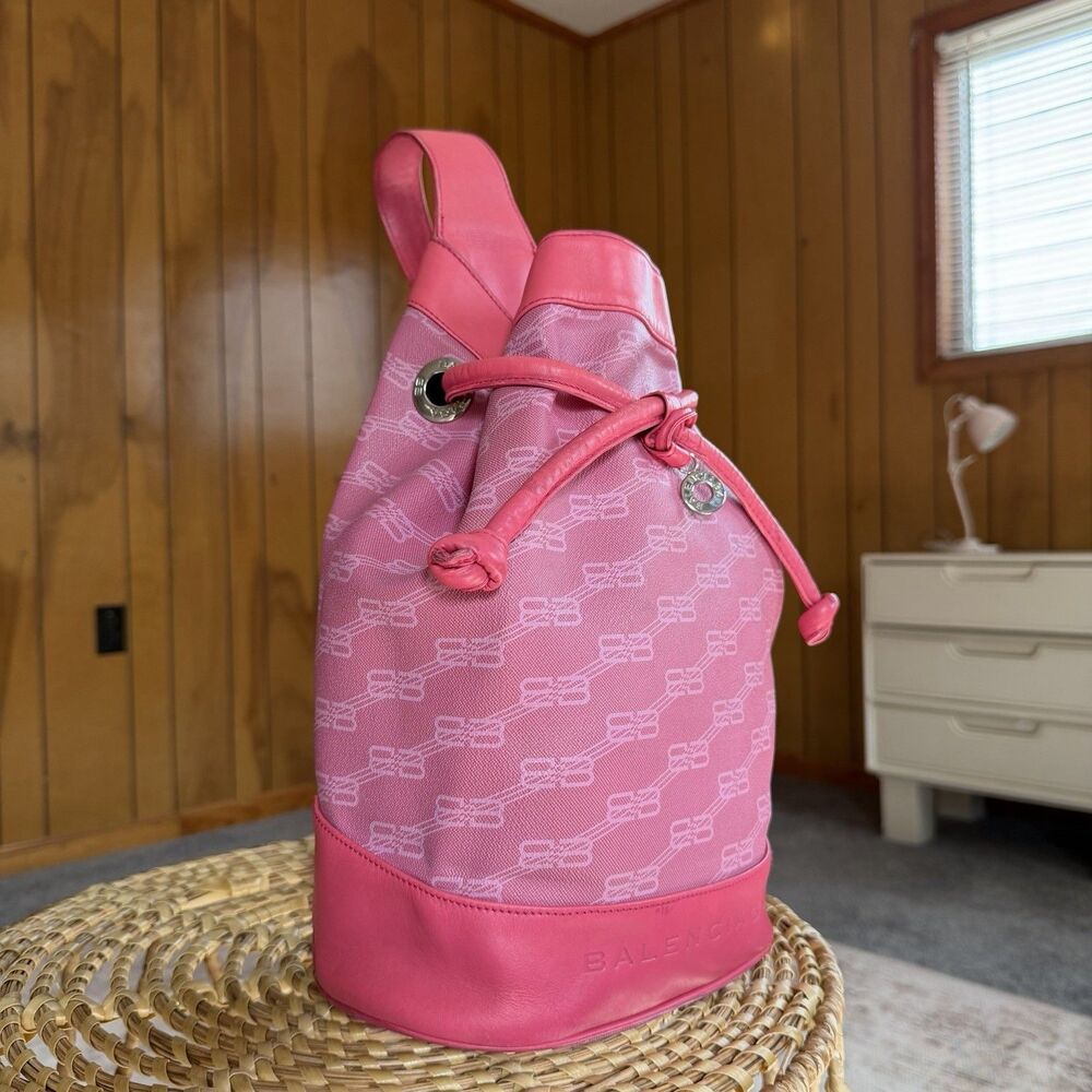 BALENCIAGA 90’s Vintage Bucket Bag Pink Leather Handbag Shoulder Bag Backpack - Picture 4 of 16
